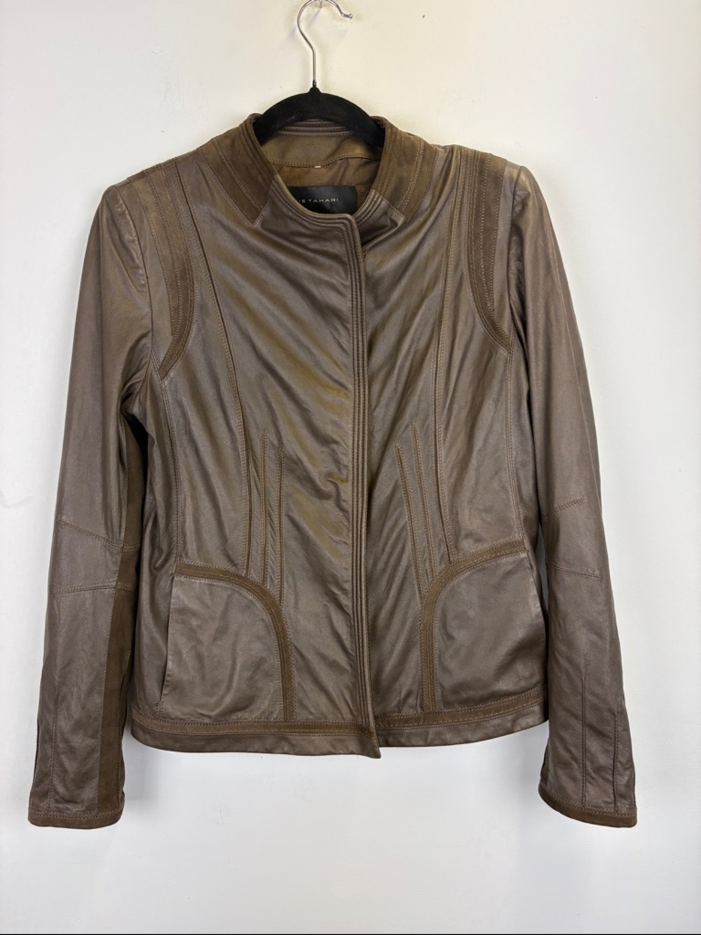 Elie Tahari Leather Jacket Brown Moto Zip Front Fitted Size Small (light weight)